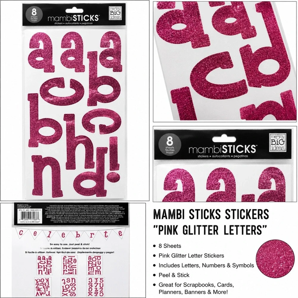 Mambi Sticks Pink Glitter Letter Stickers 8 Sheets‎ Alphabet Numbers STL-11